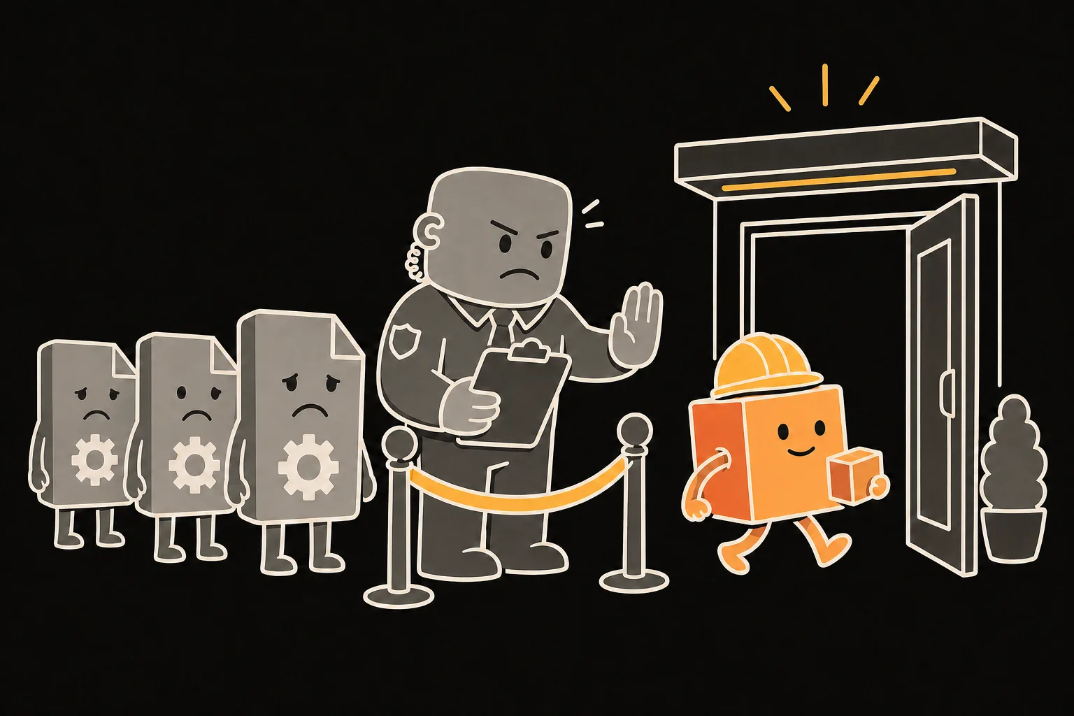 A security guard holds back a glum queue of executable files at a velvet rope, while a small package walks straight through the door.