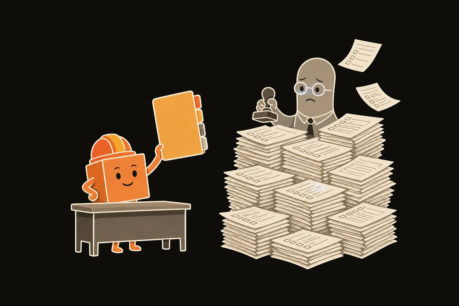 The crate, a cardboard box in a hard hat, holds up one slim folder with four tabs. Next to it a worried clerk with a rubber stamp is buried to the chest in a tower of identical forms, with more sheets blowing off the top.