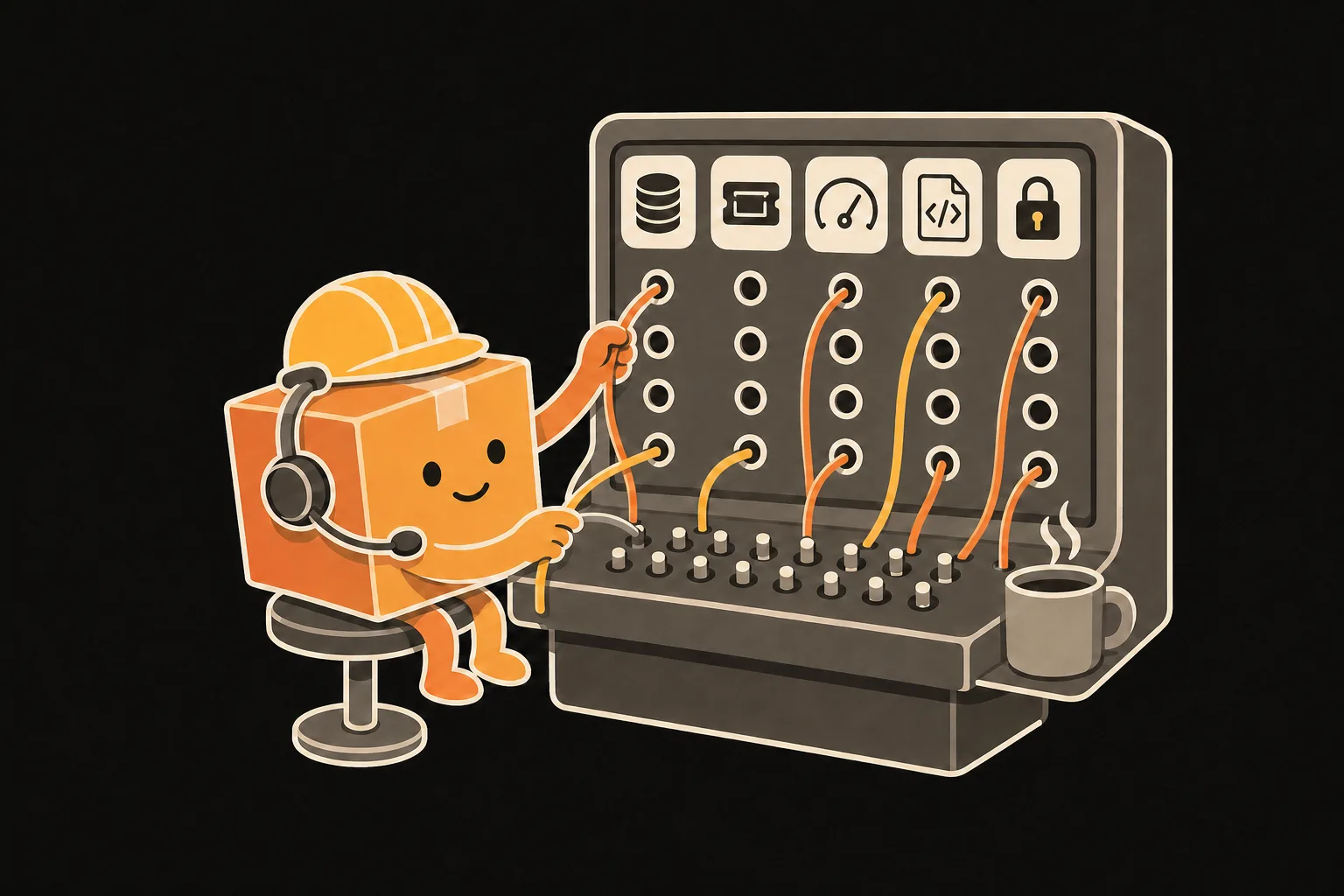 A small package character in a hard hat calmly works an old telephone switchboard, plugging cables into sockets for a database, tickets, metrics, code and security.