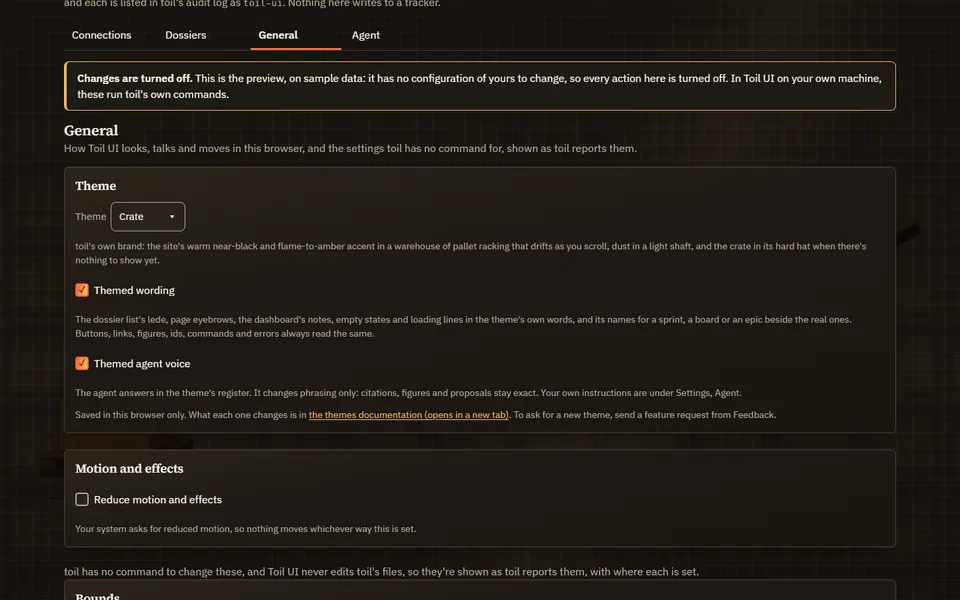 Settings, General in Crate: the Theme card with the theme picker set to Crate, its description, and two ticked checkboxes, Themed wording and Themed agent voice, each with a line saying what it changes.